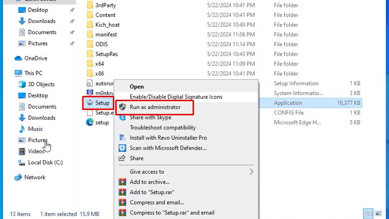 Chuột phải file Setup và chọn Run as admin...