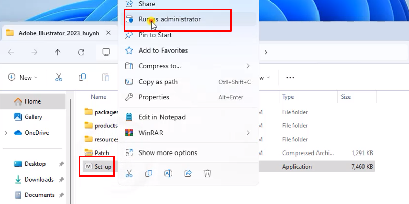 chuột phải file setup và chọn run as admin