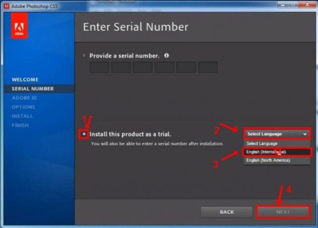 Chọn ngôn ngữ để cài đặt Photoshop CS5