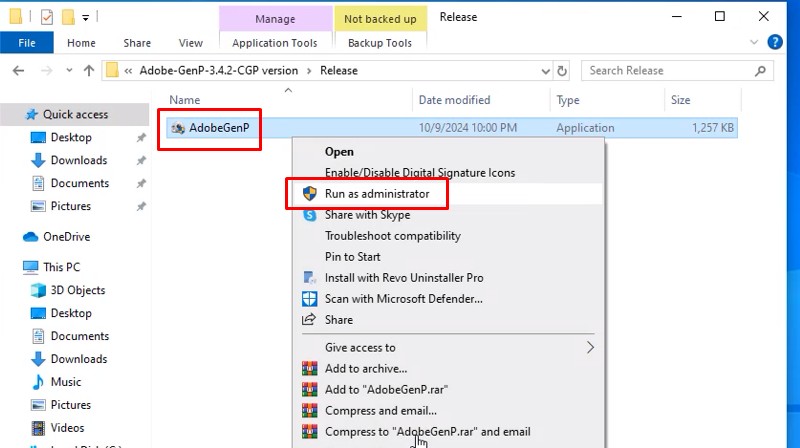 Chạy file AdobeGenP bằng quyền Admin
