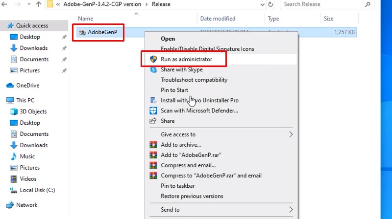 Chạy file AdobeGenP bằng quyền admin