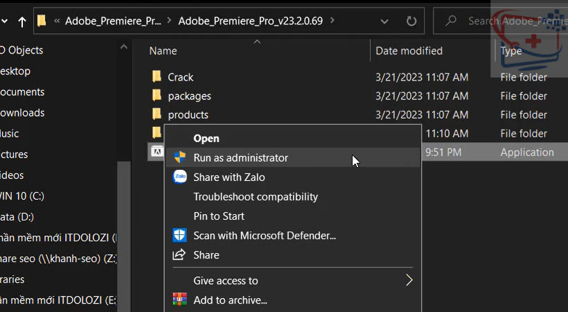 Khởi chạy file Set Up như hình để cài Adobe Premiere 2023.