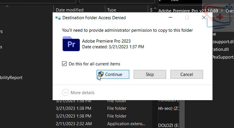 Chọn Continue. Hoàn thành cài đặt Adobe Premiere 2023.