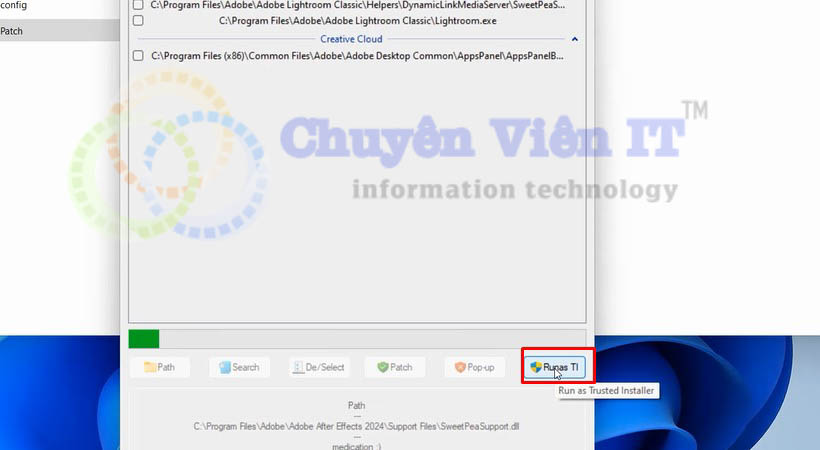 Chọn Runas để tiếp tục kích hoạt bản after effects 2024